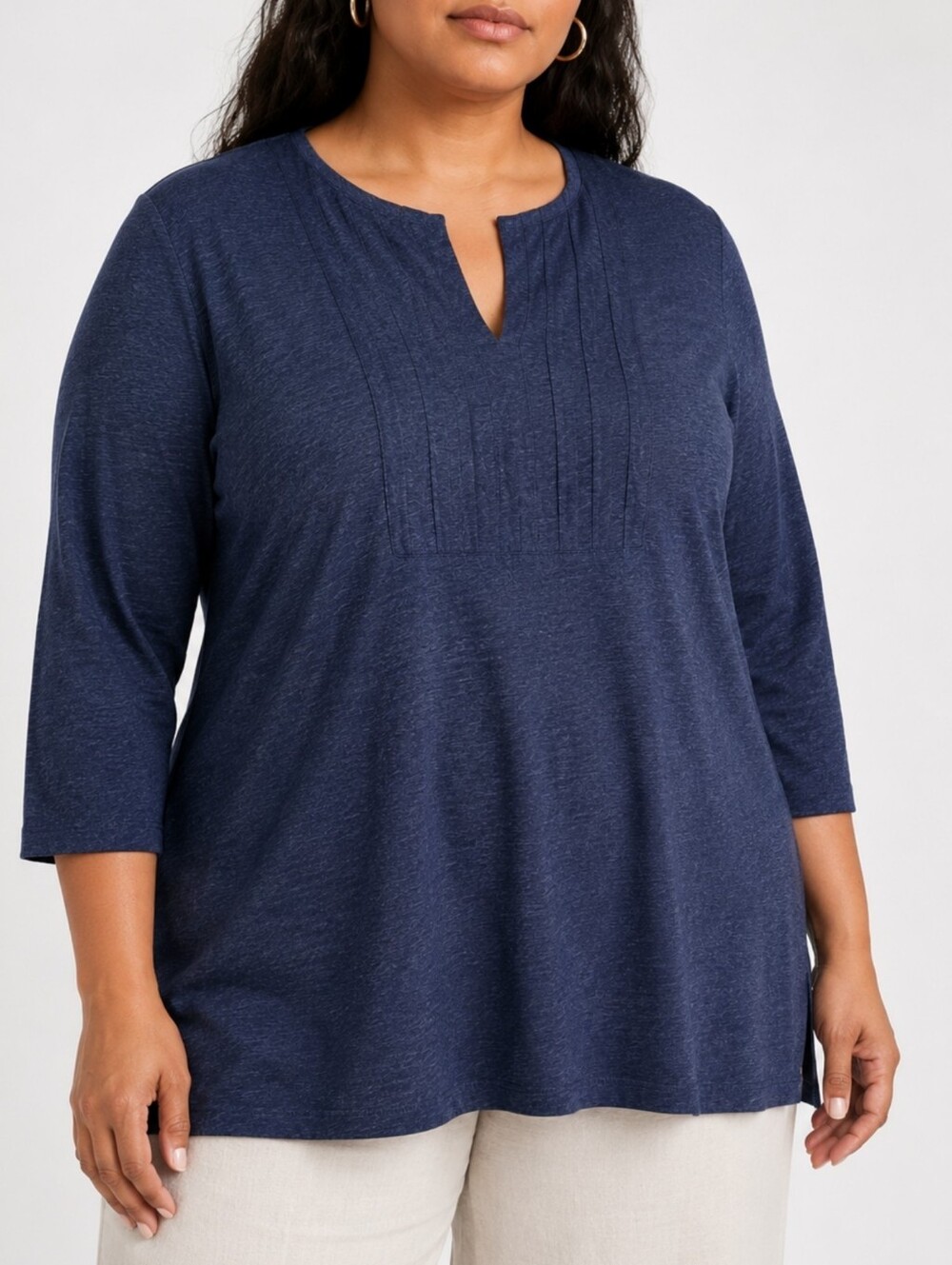 J.Jill Pure Jill Pintuck Slub Bib Tunic 100% Cotton 3/4 Sleeve Indigo Heather 2X